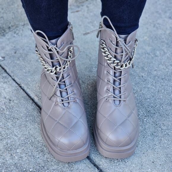 Womens Chunky Block Heel Ankle Combat Boots Taupe Color - Picture 2 of 6